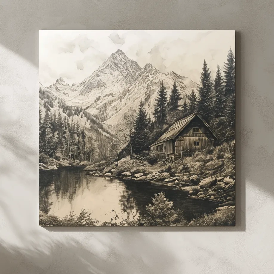 Vintage Sepia Mountain Cabin Lake Scene - Rustic Alpine Forest Landscape Art
