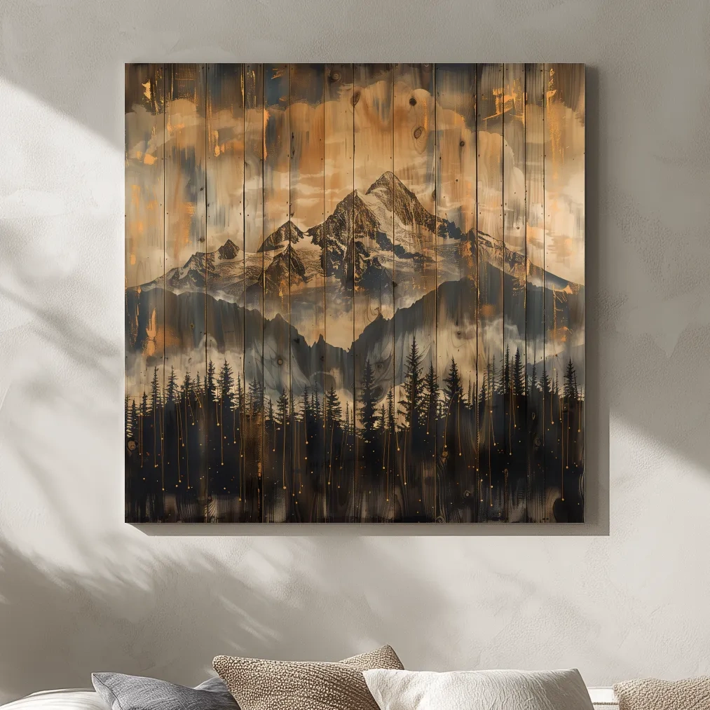 Mountain range cabin art, rustic wood burning effect, wooden panel style