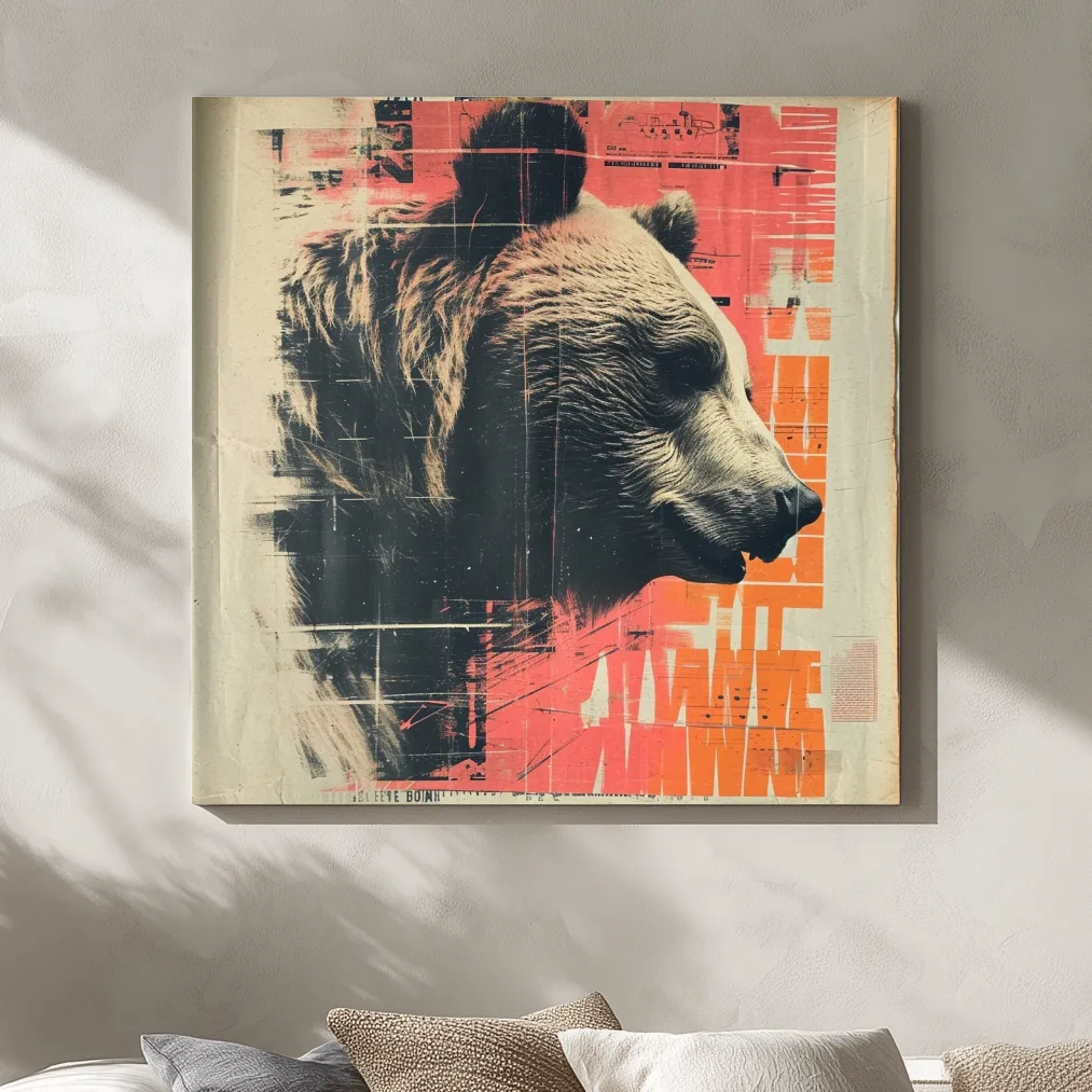 Grizzly bear artwork, magazine collage style art illustration
