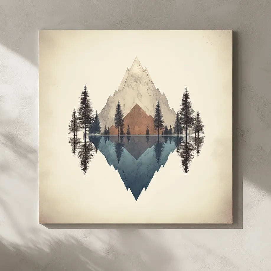 Minimalist Geometric Mountain Lake Reflection - Pine Forest Landscape Wall Art