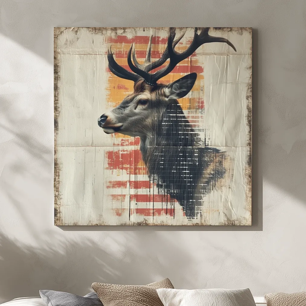 Deer head artwork, collage style art on textured paper