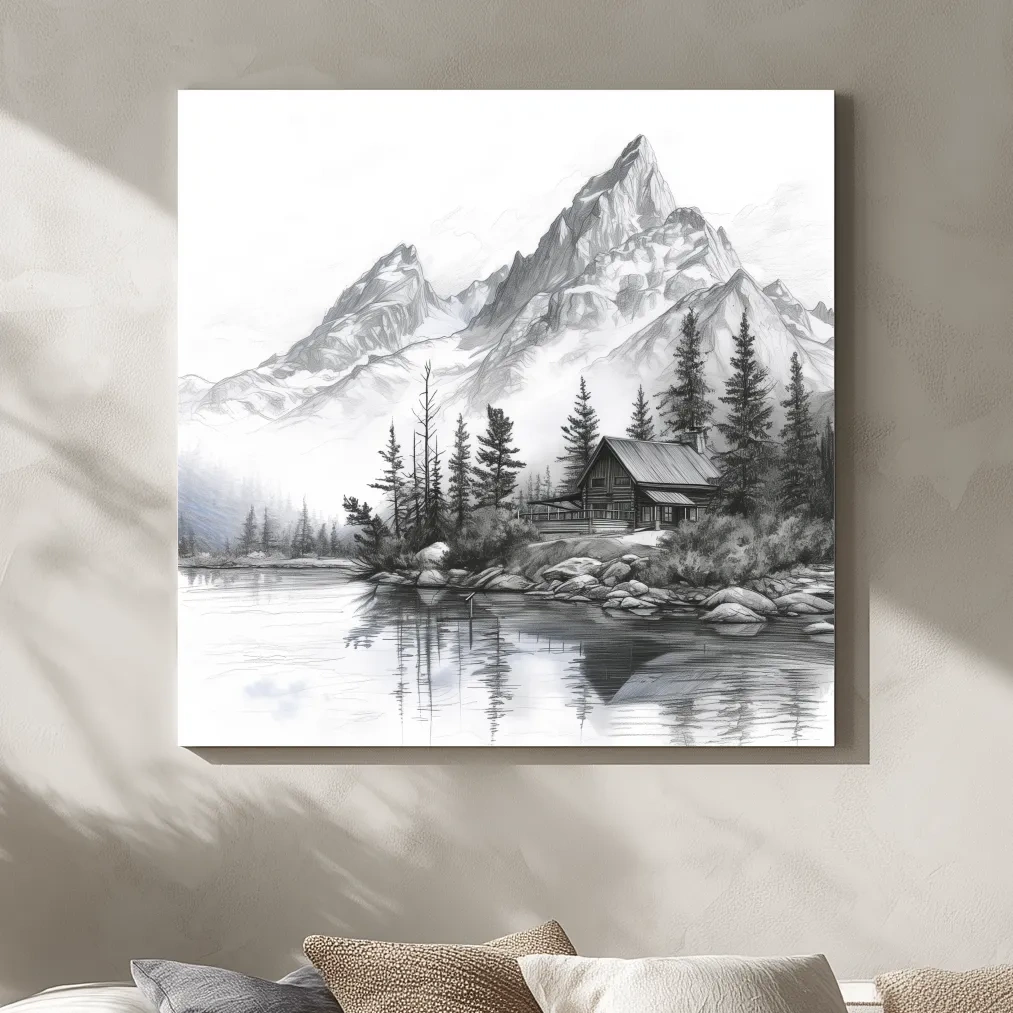 Lead pencil drawing of a cabin by an alpine lake beneath a glacier, mountain art