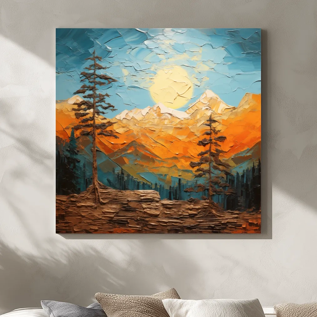 Mountains at sunset artwork print, thick impasto textured oil painting effect