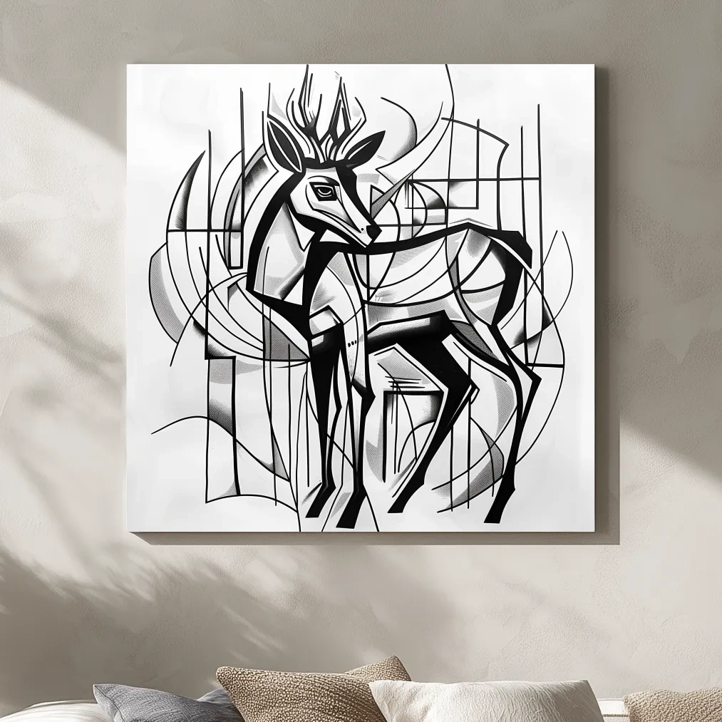 Abstract artwork, geometric deer painting, cubism line art