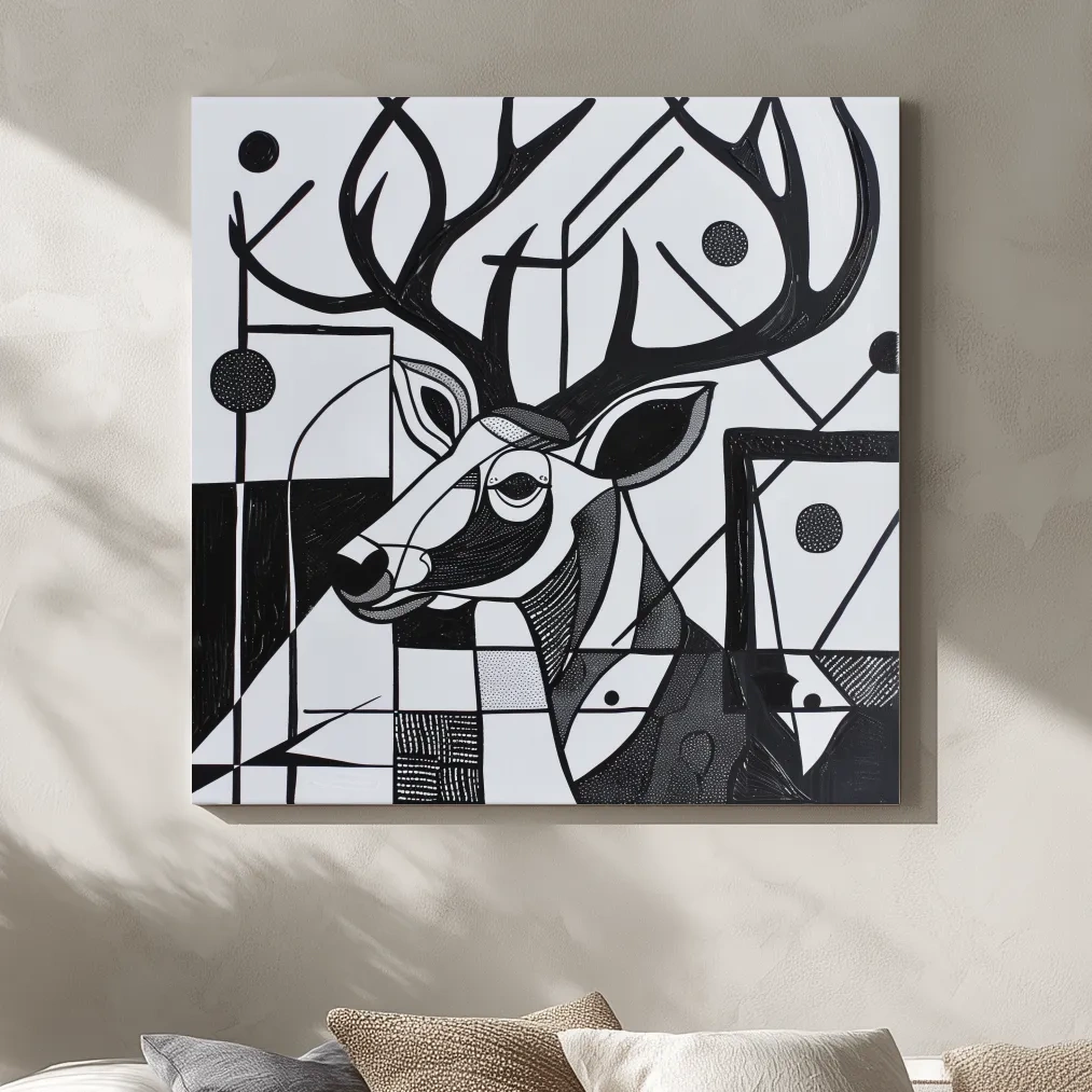 Abstract painting, black & white deer head and antlers artwork