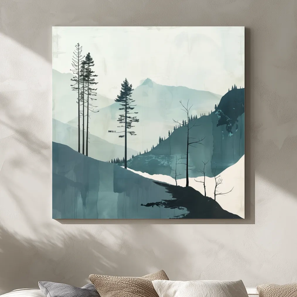 Abstract nordic style minimal forest painting, teal artwork