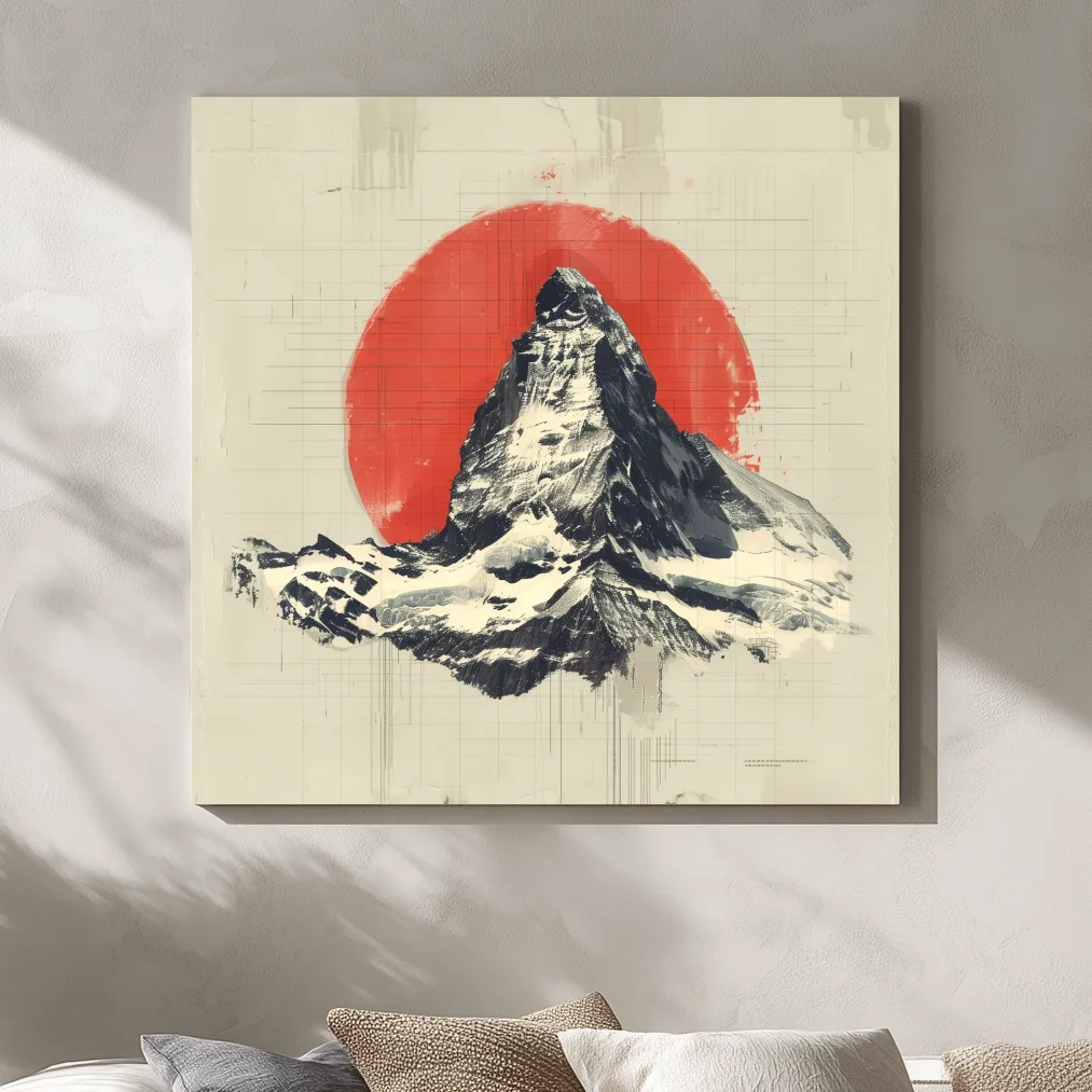 Matterhorn at sunset drawing, Swiss Alps, Japandi style illustration mountain artwork