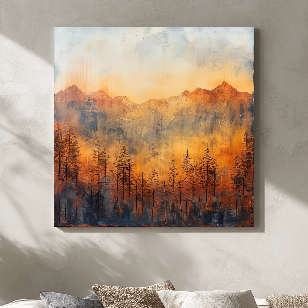 Moody Abstract Mountain Sunrise With Silhouetted Pine Forest - Textured Landscape Painting