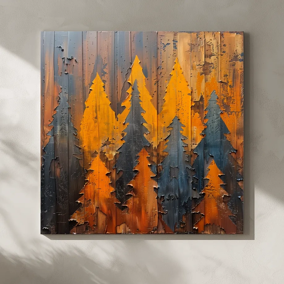 Autumn Pine Forest Silhouettes - Rustic Painted Wood Wall Art