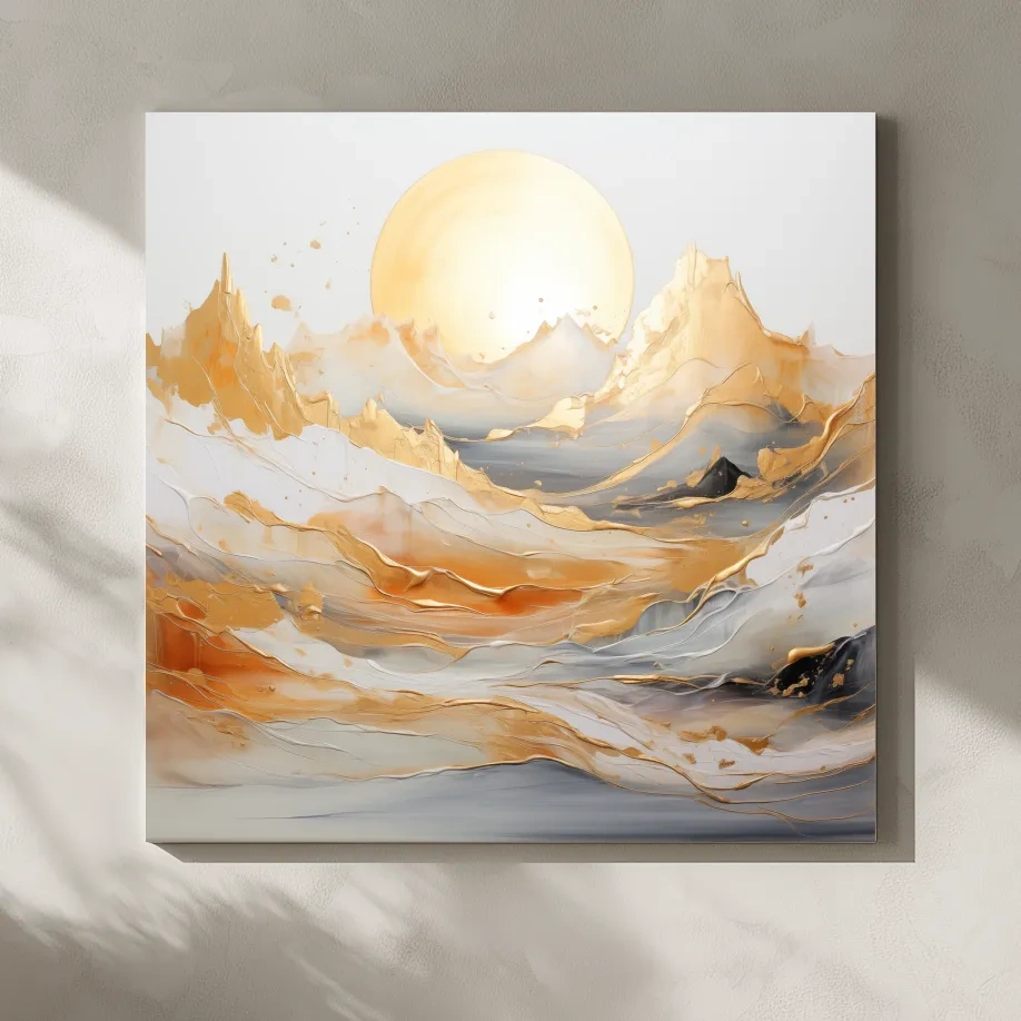 Gold Leaf Abstract Mountains Painting - Minimalist Sunrise Landscape Wall Art
