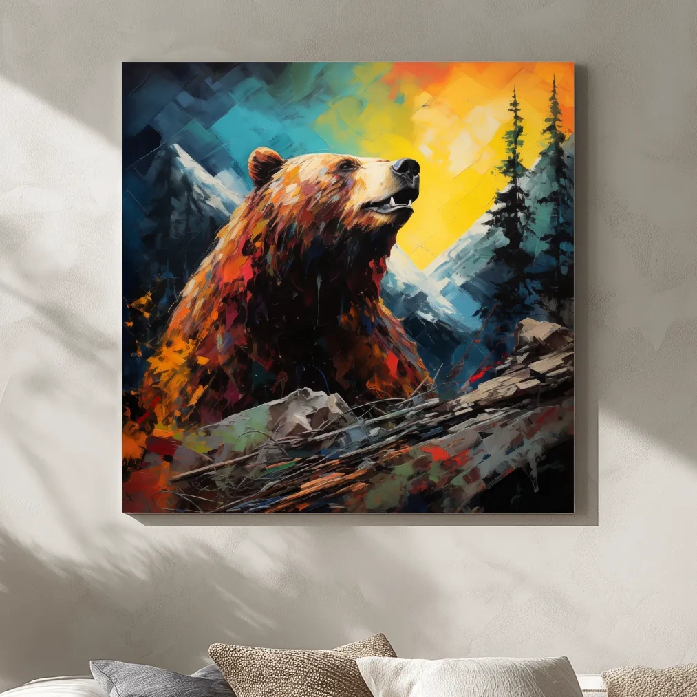 Colourful painting of a grizzly bear in the mountains