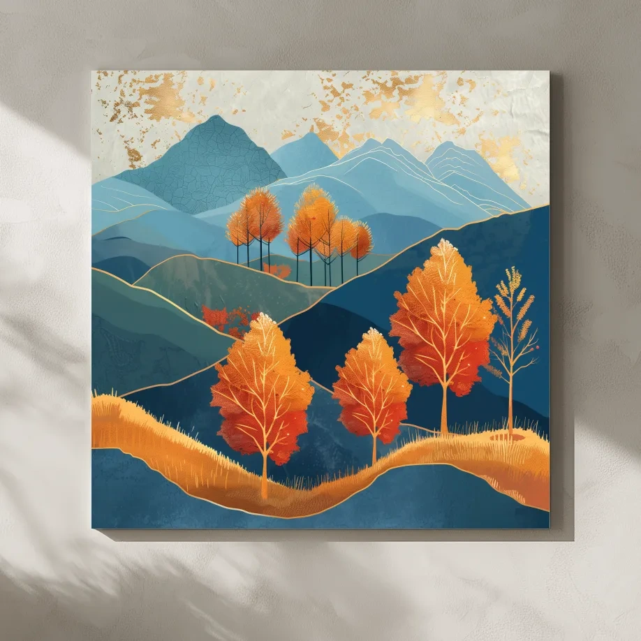 Autumn Aspen Trees In Layered Blue Mountains - Modern Gold Leaf Style Wall Art