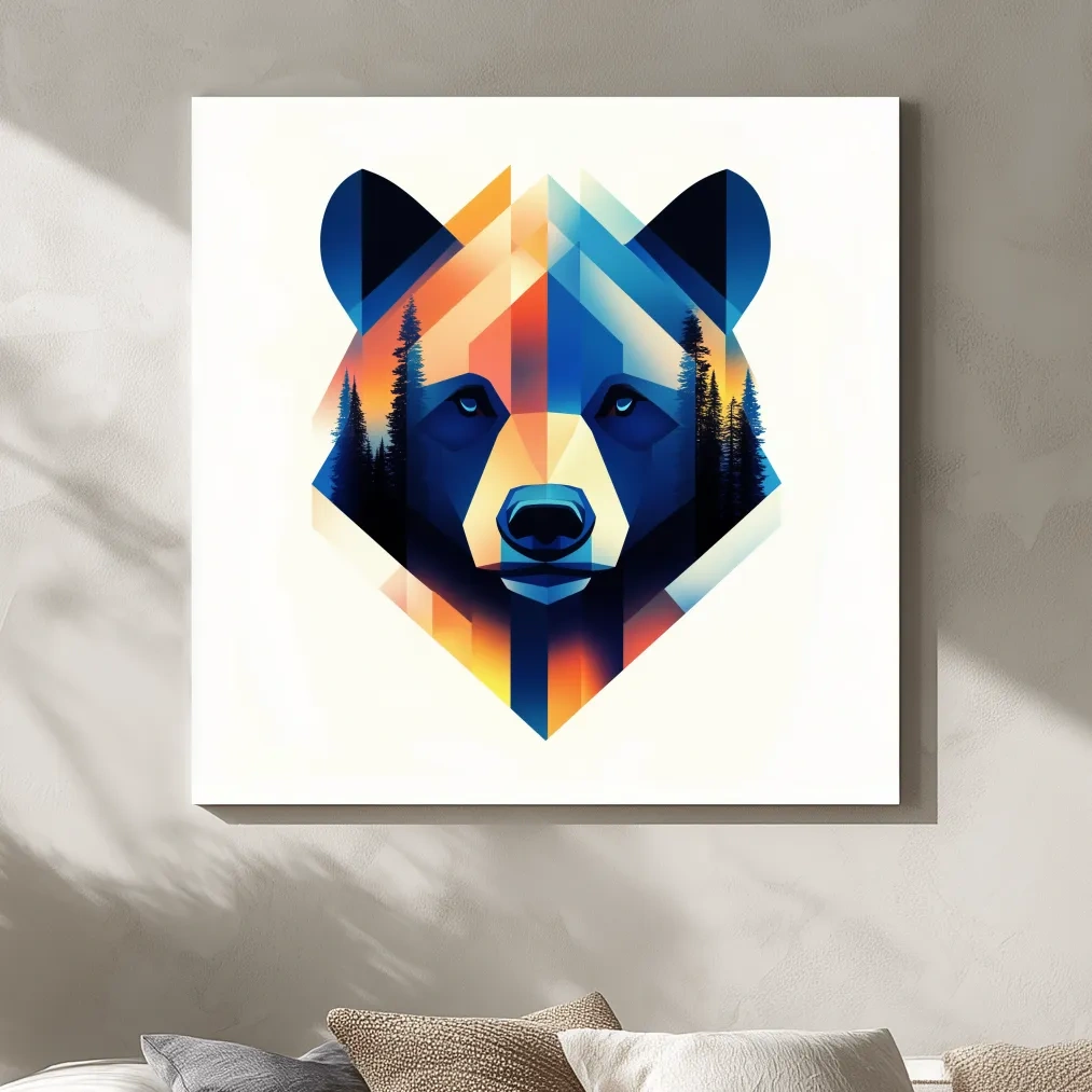 Colorful bear head illustration print, double exposure forest wall art