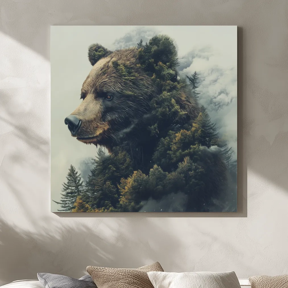 Surreal wall art, a grizzly bear morphing from a forest