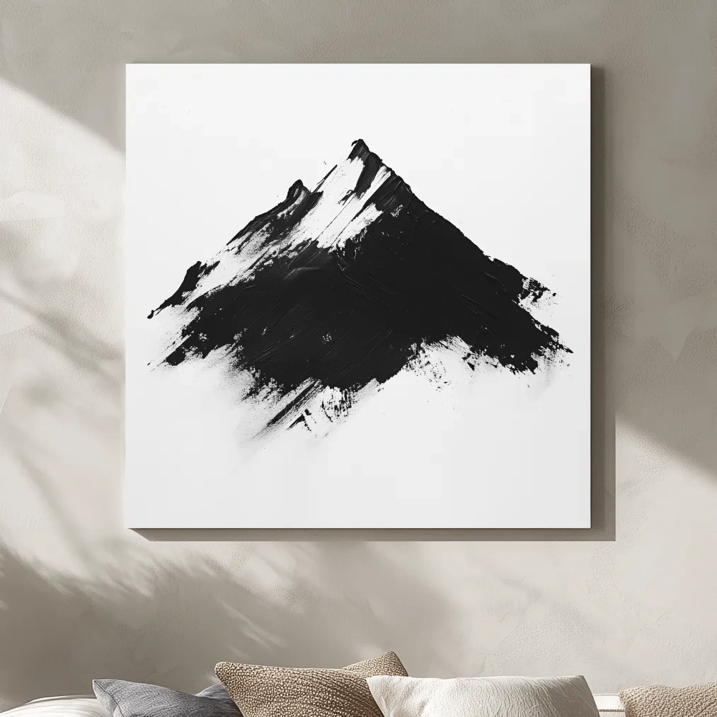 Minimalist Black Mountain Peak Painting - Monochrome Abstract Landscape Wall Art