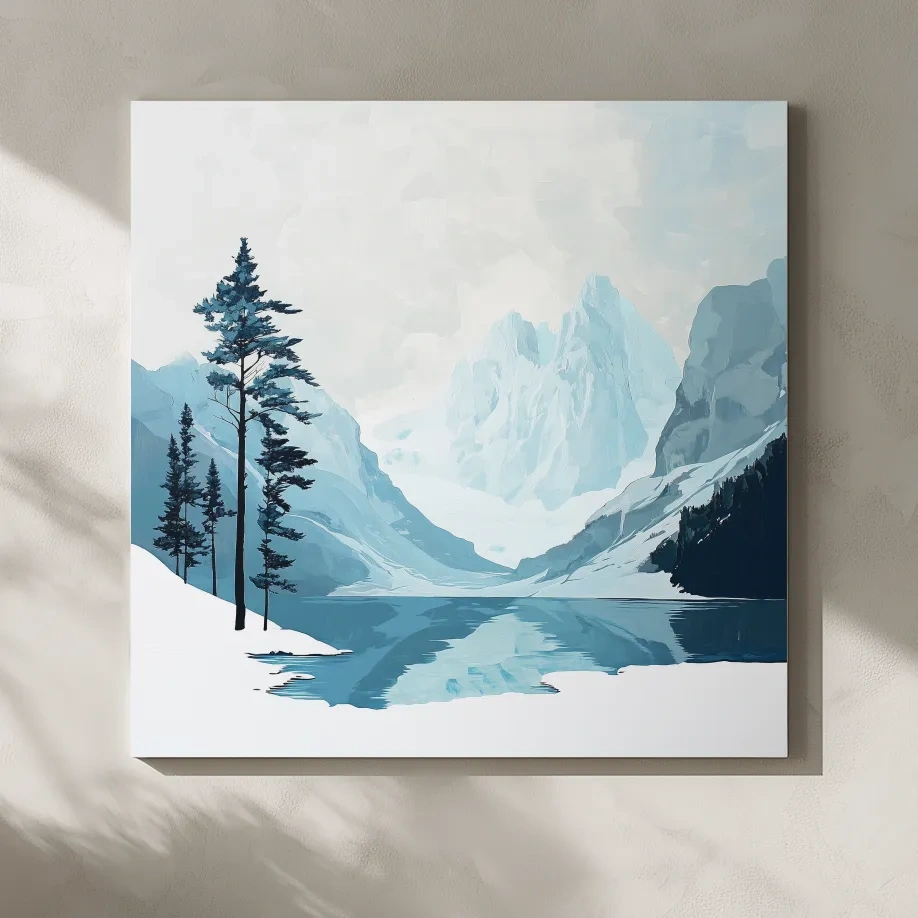 Minimalist Icy Mountain Lake - Scandinavian Winter Landscape Artwork