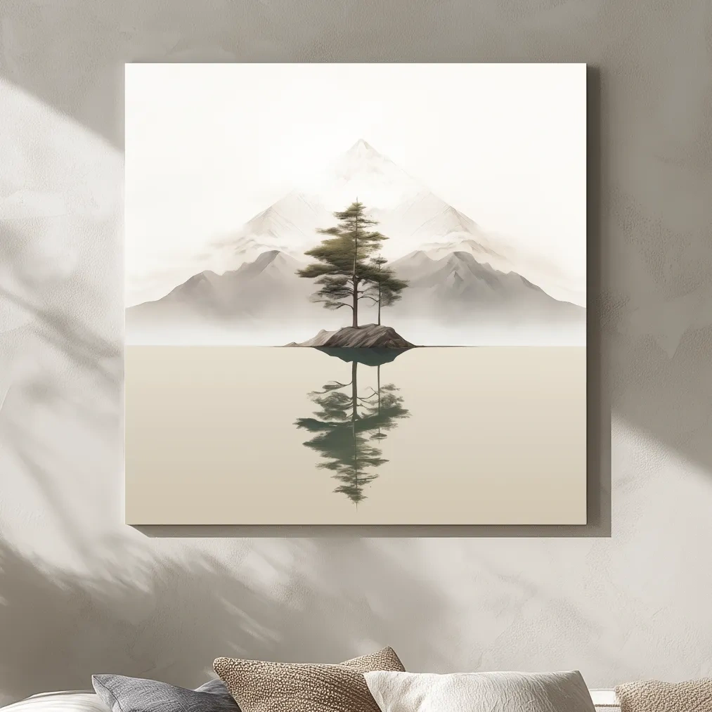 Minimalist Misty Lake Landscape Artwork - Serene Zen Pine Tree Reflection Art