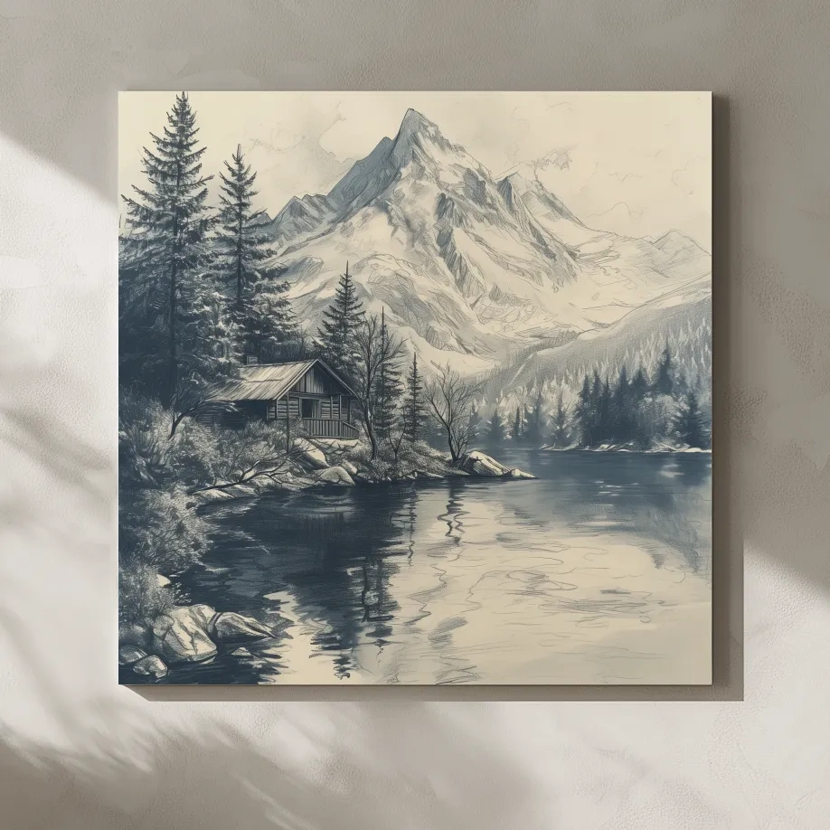 Vintage Alpine Cabin By Mountain Lake - Monochrome Pencil Sketch Landscape Wall Art