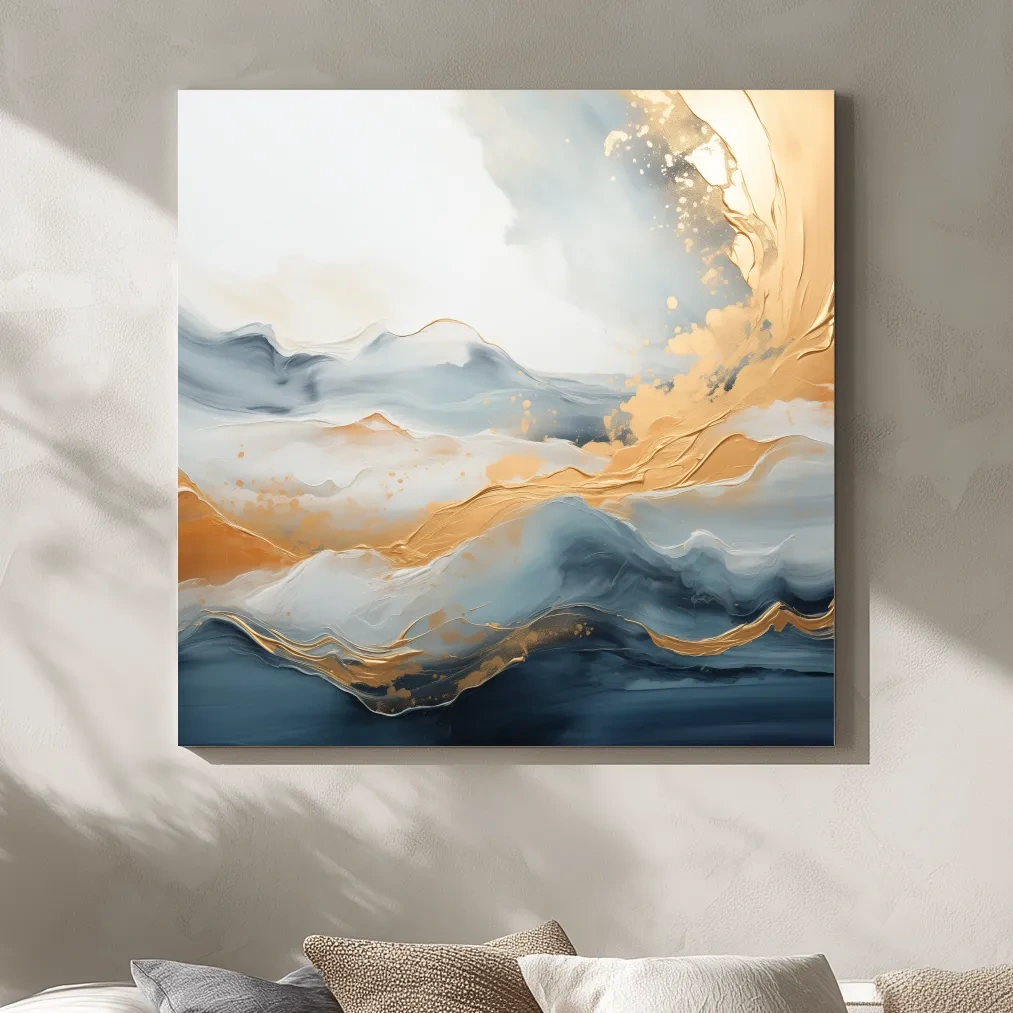 Fluid Abstract Blue And Gold Mountain Landscape - Modern Mixed Media Wall Art