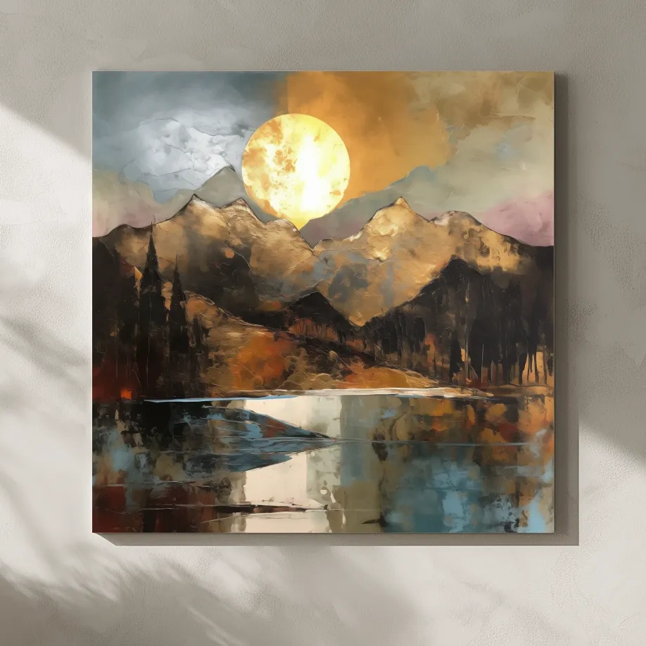 Alpine Mountain Lake Sunset Painting - Golf Leaf Style Wall Art