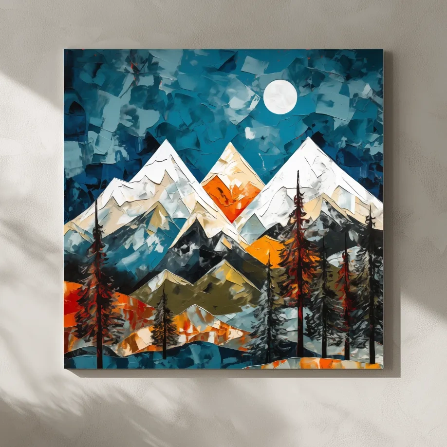 Abstract Impasto Style Mountain Nightscape - Moonlit Alpine Landscape Wall Art