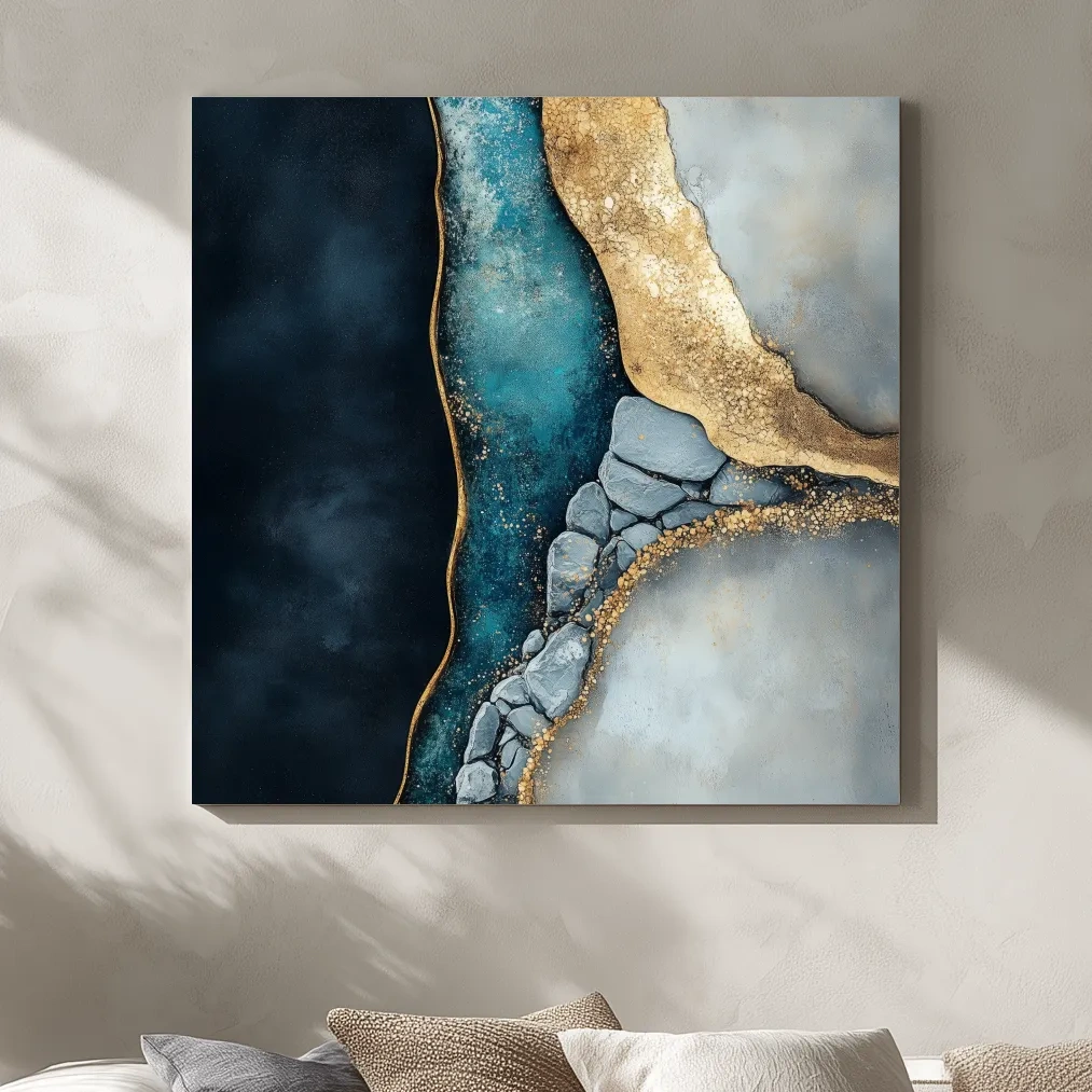 Elegant abstract riverbed rock artwork, natural flowing modern wall art