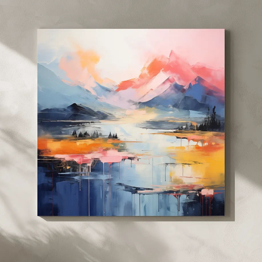 Abstract mountain landscape artwork, vibrant colors in oil painting style