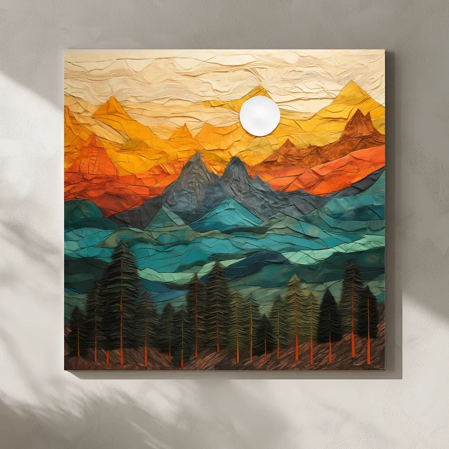 Layered Paper Cut Style Mountain Sunset - Colorful Abstract Forest Landscape Wall Art