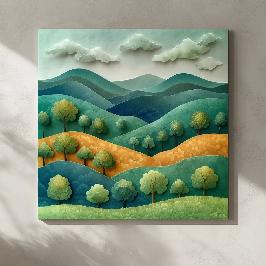 Whimsical Paper Cut Forest Hillscape - Layered 3D Mountains Landscape Wall Art