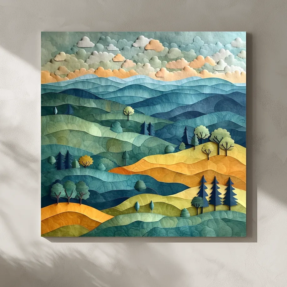 Layered Paper Cut Mountain Landscape - Mixed Media Forest Wall Art