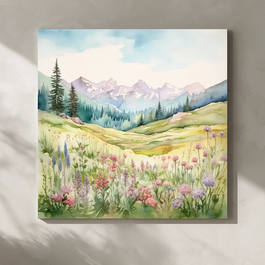 Alpine Meadows Wildflower Watercolour - Pastel Mountains Landscape Wall Art