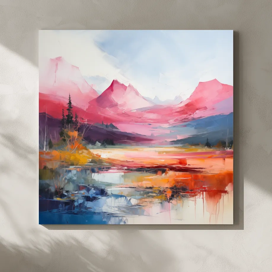 Vibrant Abstract Impressionist Alpine Lake Sunset Painting - Colorful Mountain Wall Art