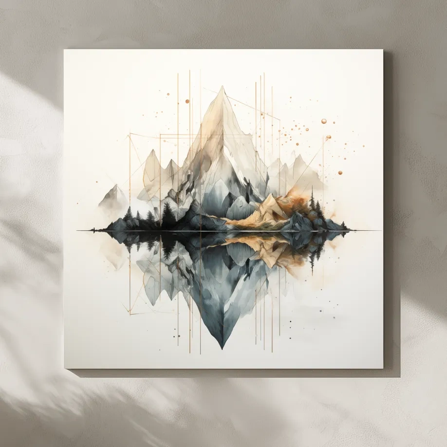 Geometric Watercolor Mountain Reflection Landscape - Modern Minimalist Wall Art