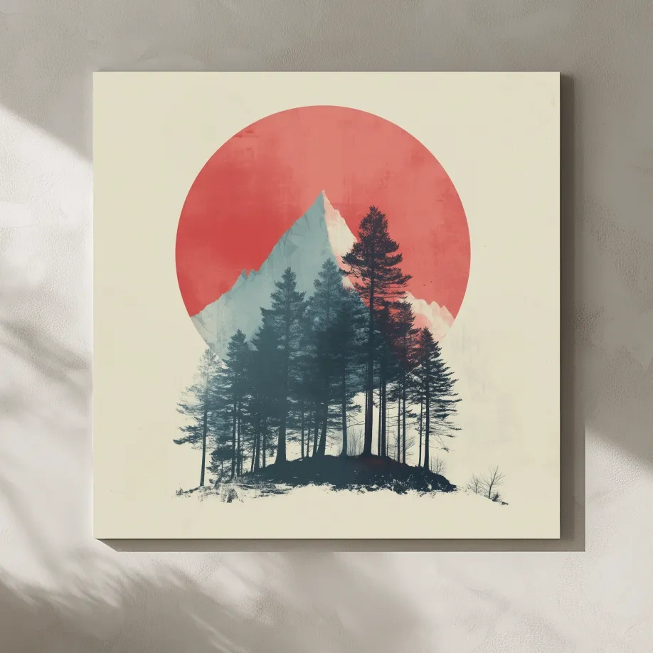 Minimalist Mountain Peak Pine Forest - Scandinavian Sunset Landscape Wall Art