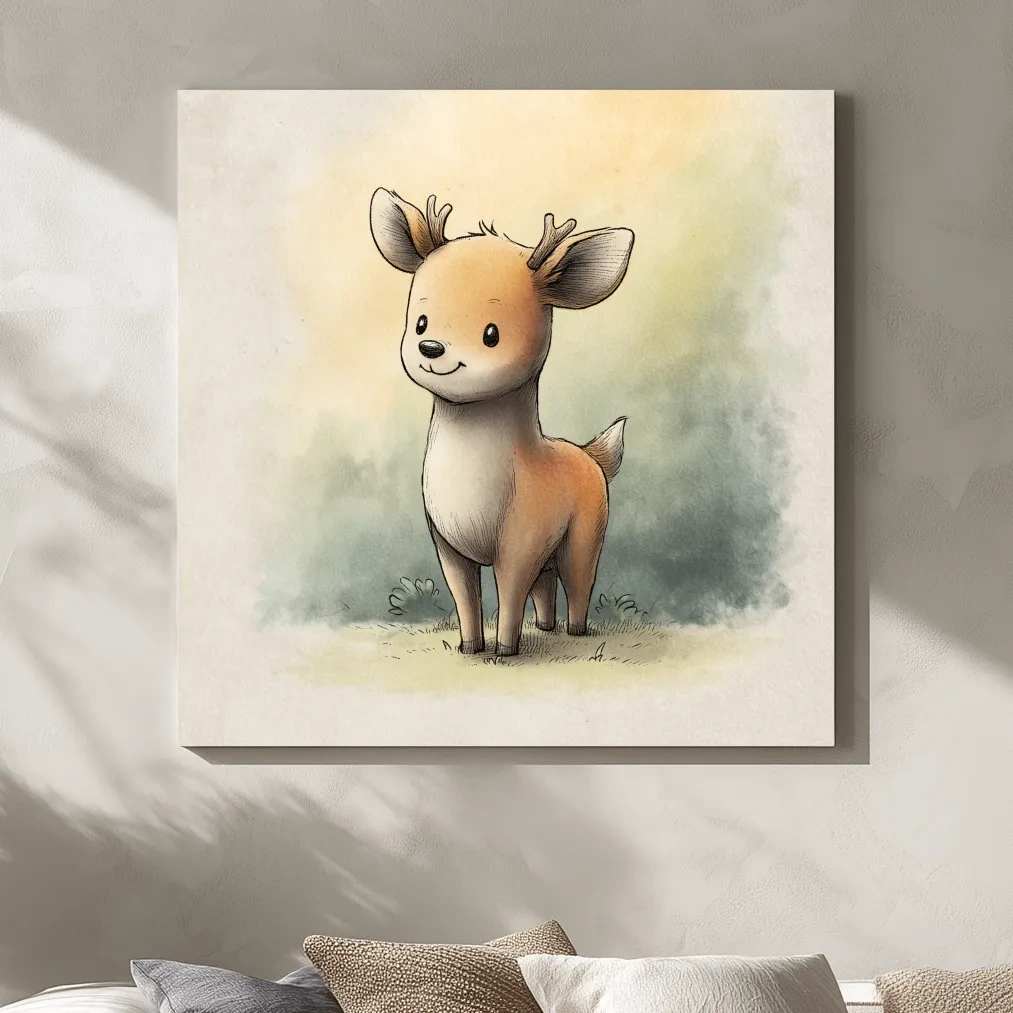 Cute Baby Deer Watercolor Illustration - Whimsical Woodland Nursery Wall Art