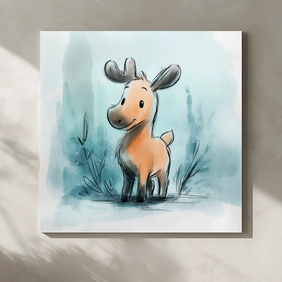 Cute Baby Moose Watercolor Illustration - Whimsical Nursery Wildlife Wall Art