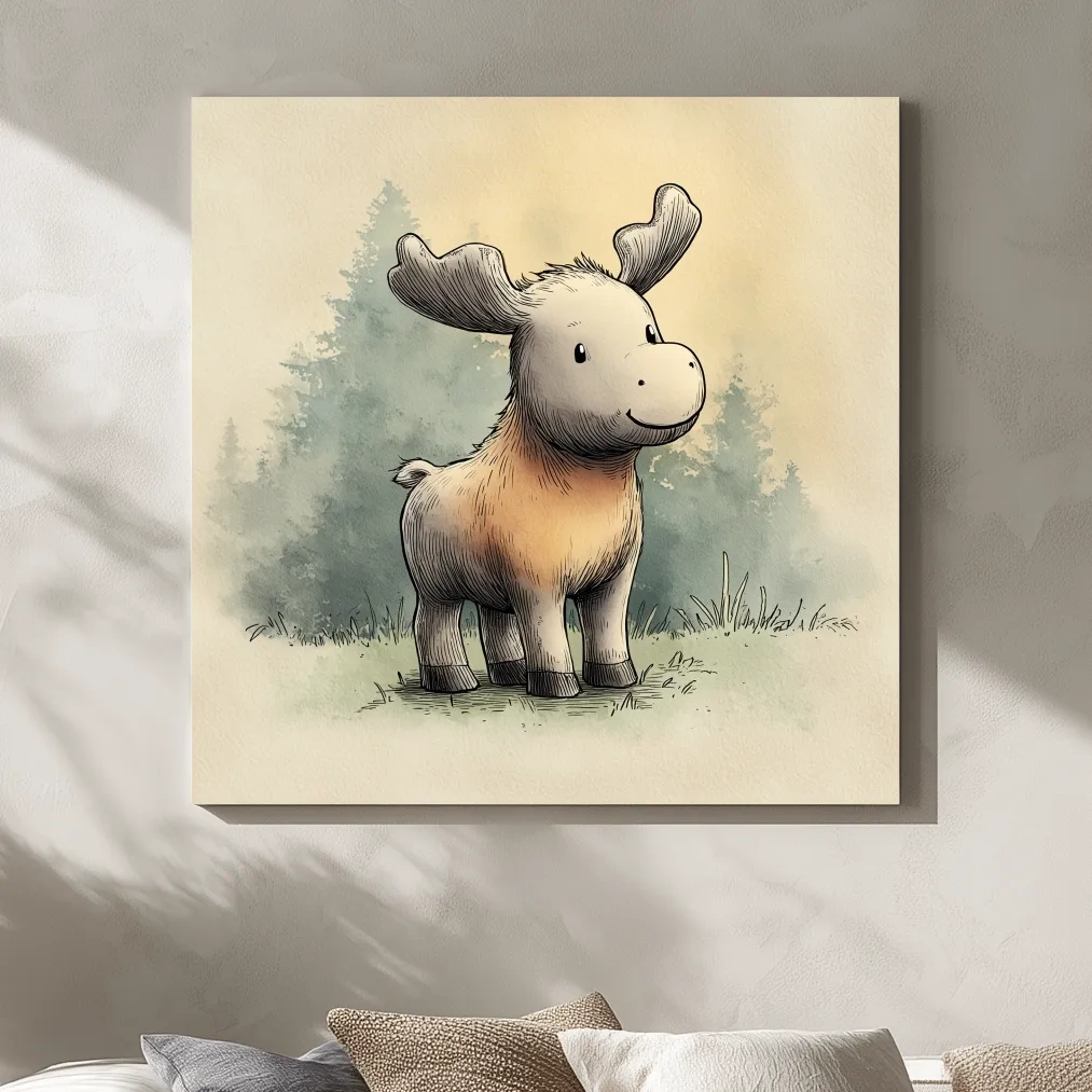 Cute Baby Moose Watercolor Illustration - Woodland Nursery Animal Wall Art