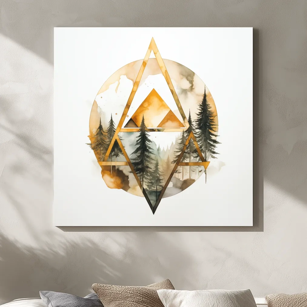 Rustic Elegant Watercolor Mountain Pine Forest - Abstract Golden Geometric Nature Wall Art