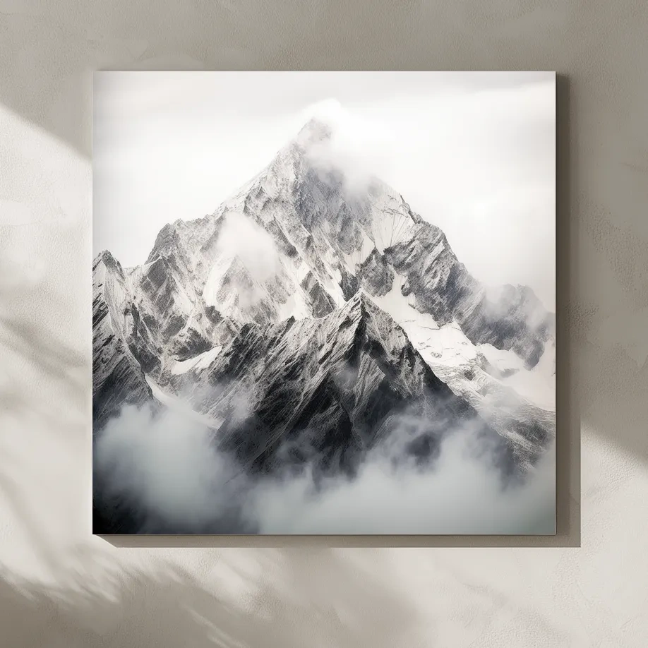 Snowcapped Alpine Peak Photography - Monochrome Mountain Wall Art