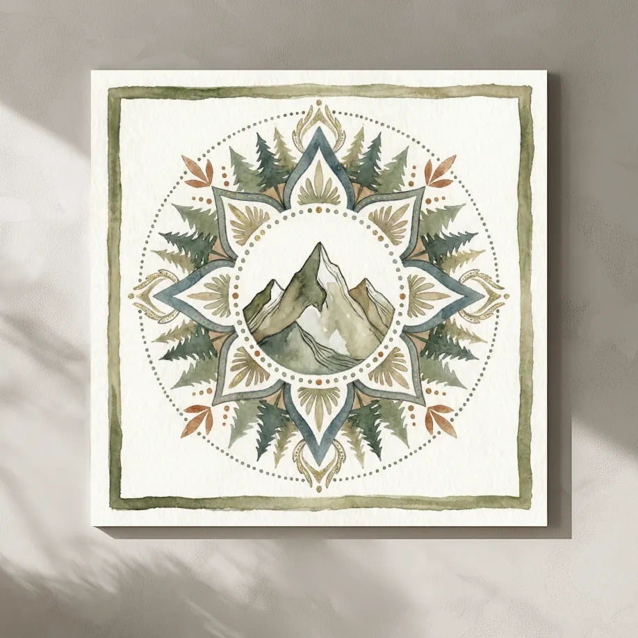 Mountain Mandala Watercolor - Boho Botanical Nature Wall Art