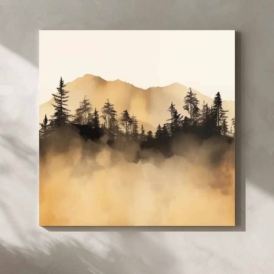 Misty Golden Mountain Pine Forest - Sepia Watercolor Landscape Wall Art