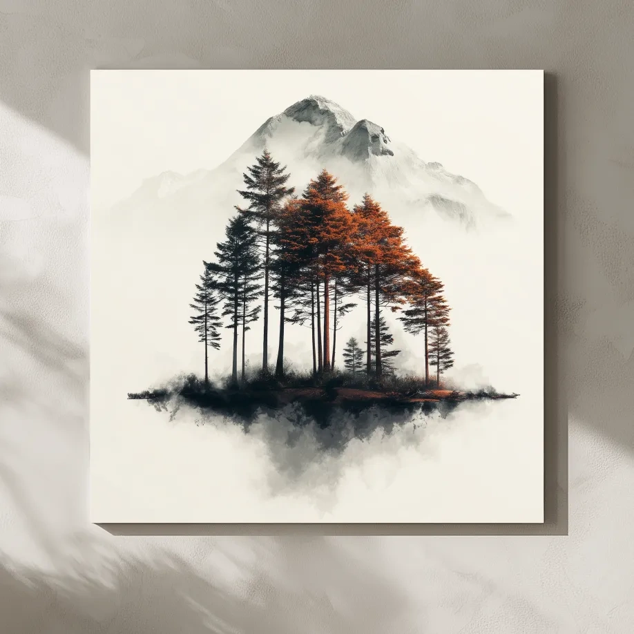 Misty Mountain Pine Forest Watercolor - Autumn Landscape Wall Art