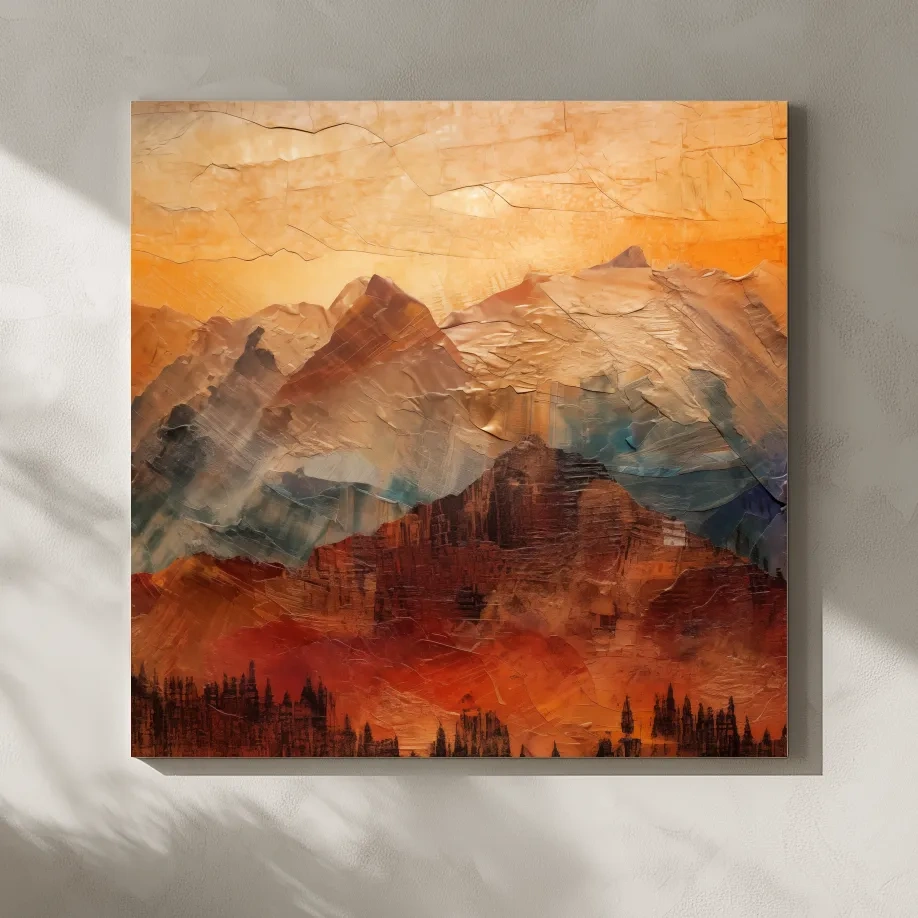 Impasto Style Abstract Mountain Range Sunset - Warm Rustic Landscape Wall Art