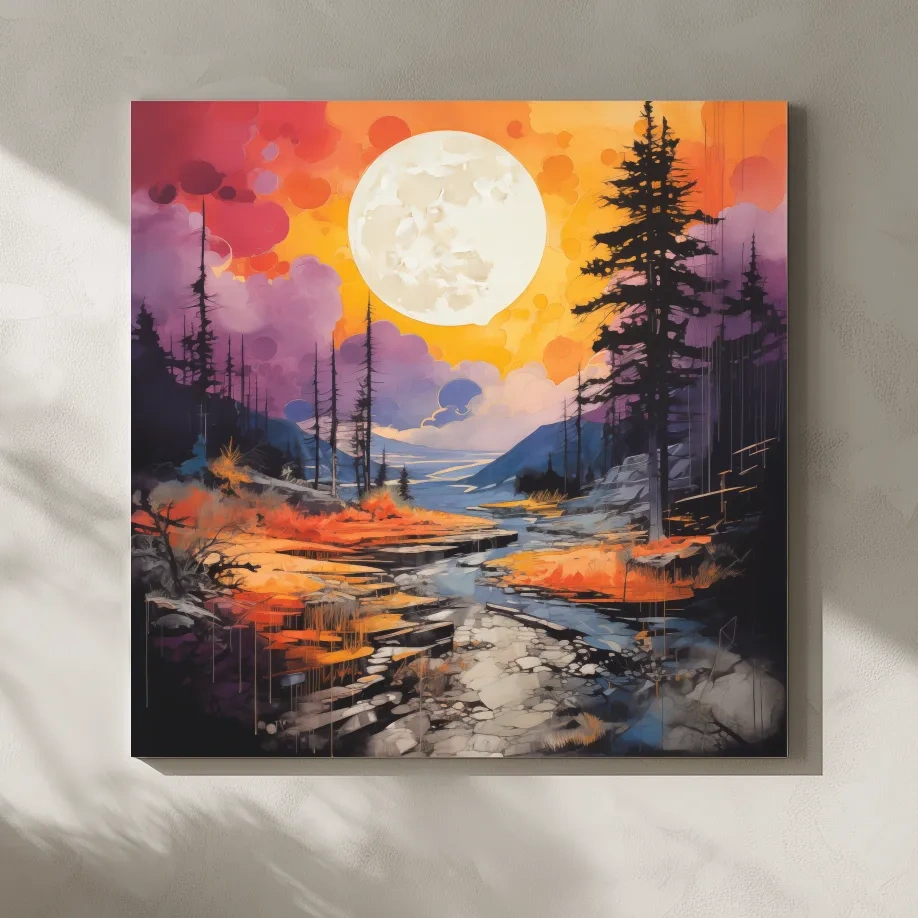 Vibrant River Valley Landscape Illustration - Abstract Sunset Forest Wall Art
