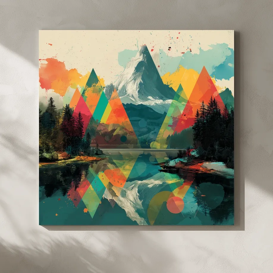 Vibrant Abstract Mountain Lake Collage Art - Colorful Alpine Wall Art