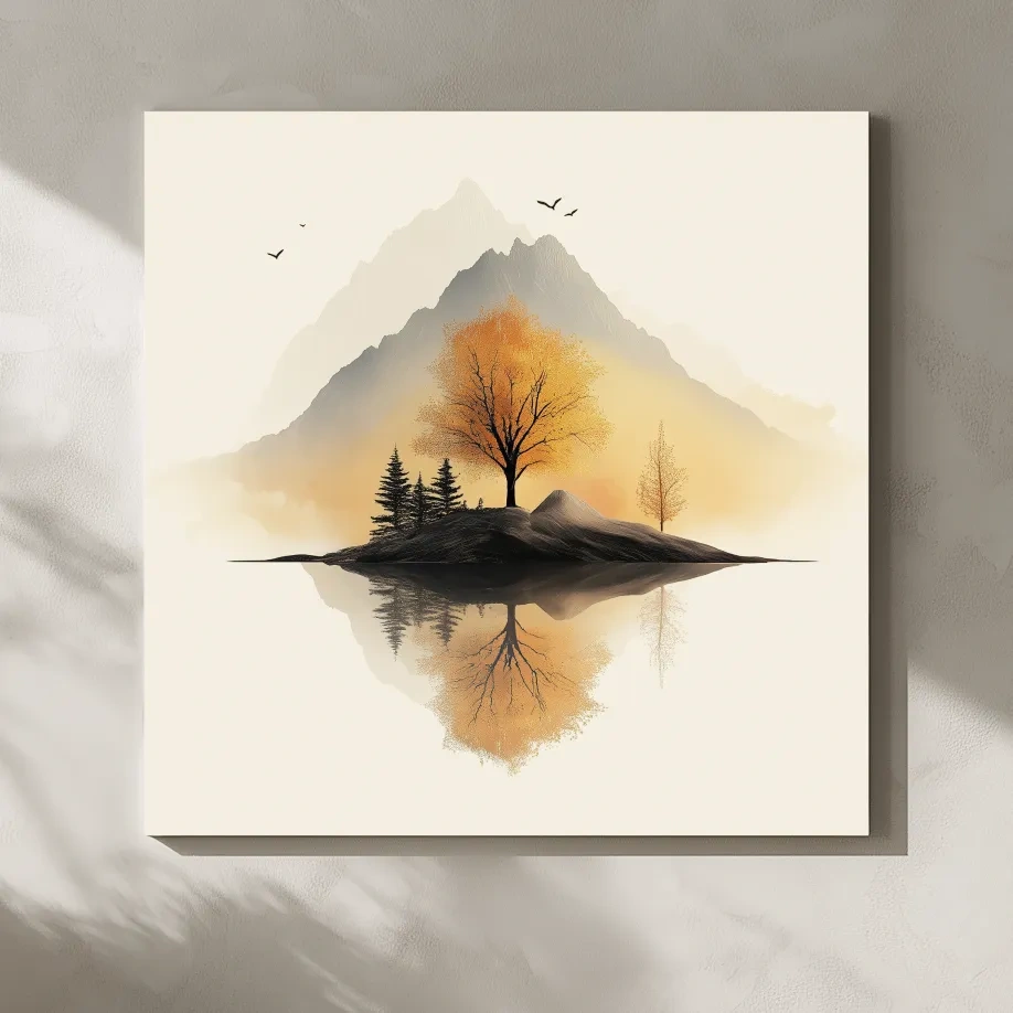 Minimalist Misty Mountain Lake Illustration - Serene Autumn Tree Landscape Wall Art