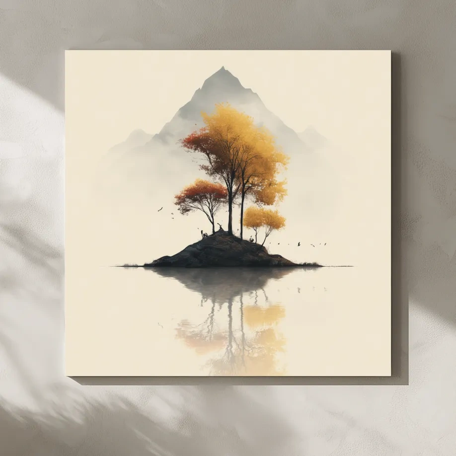 Minimalist Autumn Trees On Misty Lake Island - Serene Mountain Landscape Wall Art