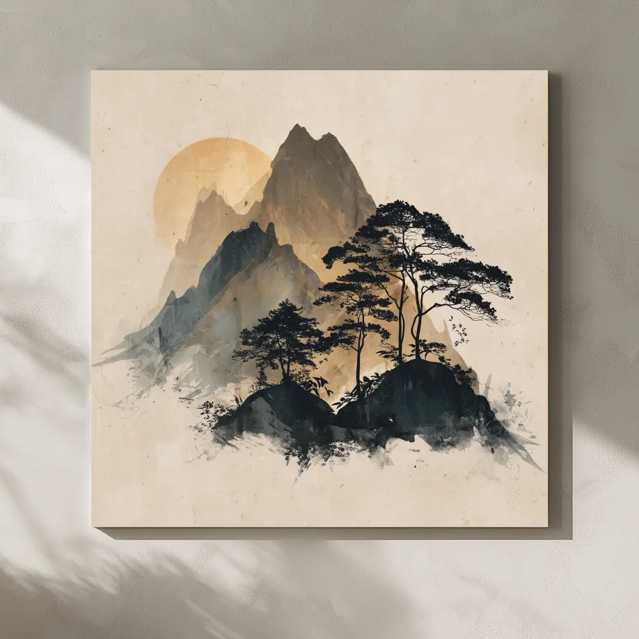 Zen Ink Wash Mountain Sunrise - Minimalist Japanese Pine Landscape Wall Art