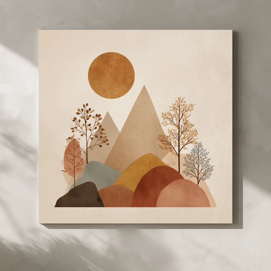 Minimalist Scandi Mountain Sunset Landscape - Boho Neutral Earth Tone Wall Art