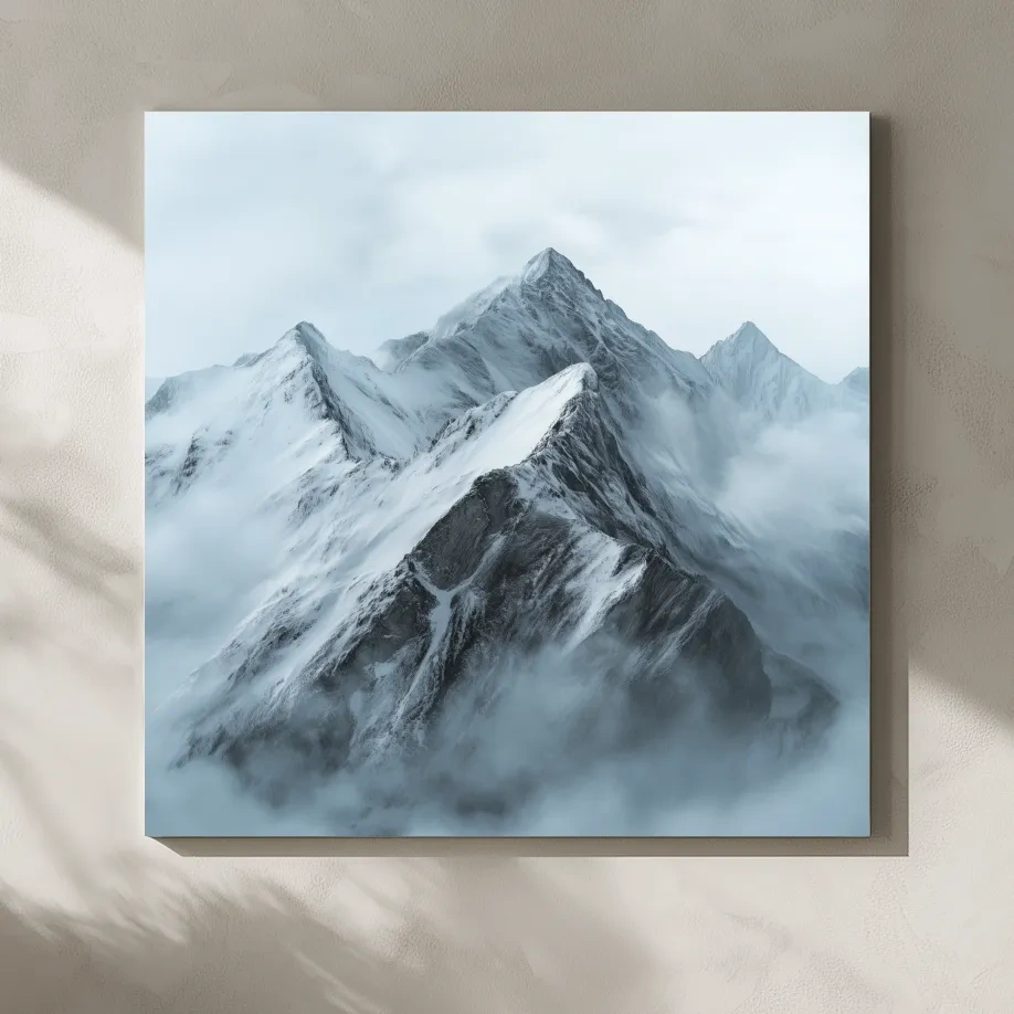 Misty Snowcapped Alpine Peak Landscape - Monochrome Photographic Mountain Wall Art